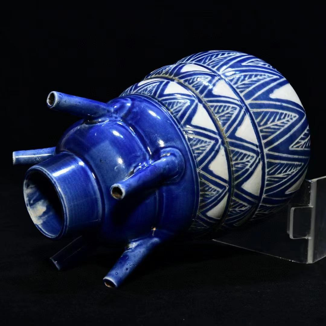 中国古美術・旧蔵の陶磁器:五連管瓶・13x23cm・茶道具・案頭・置物・文房具