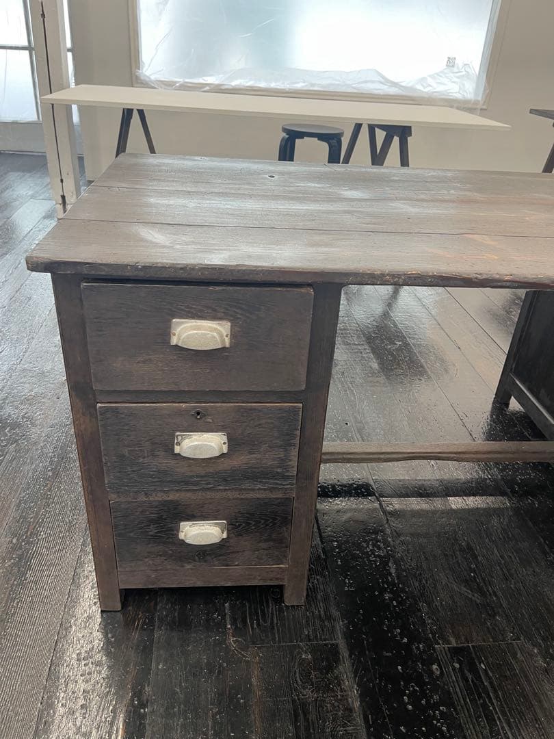 昭和初期アンティークデスク ダークブラウン 木製デスク 6引き出し