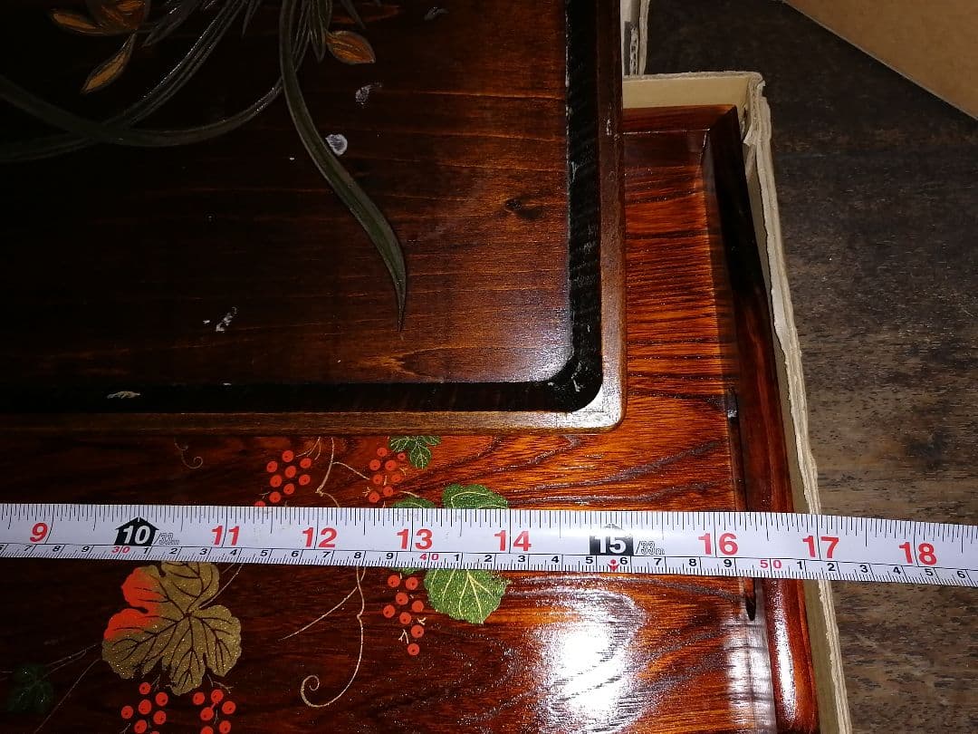 木製 盆 2枚セット 花柄 ぶどう柄 漆器 おぼん トレイ大-W51 小W45