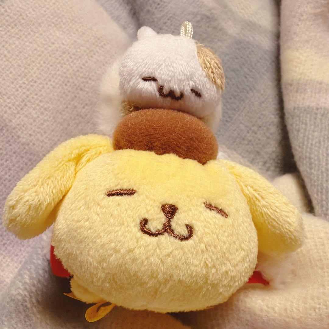 ポムポムプリンカフェ　マスコット　マフィンと寝てる