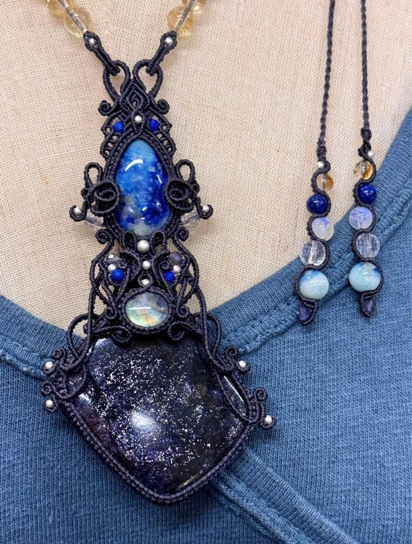 専用☆アイオライトサンストーン＆アフガナイト＆ムーンストーンのマクラメネックレス