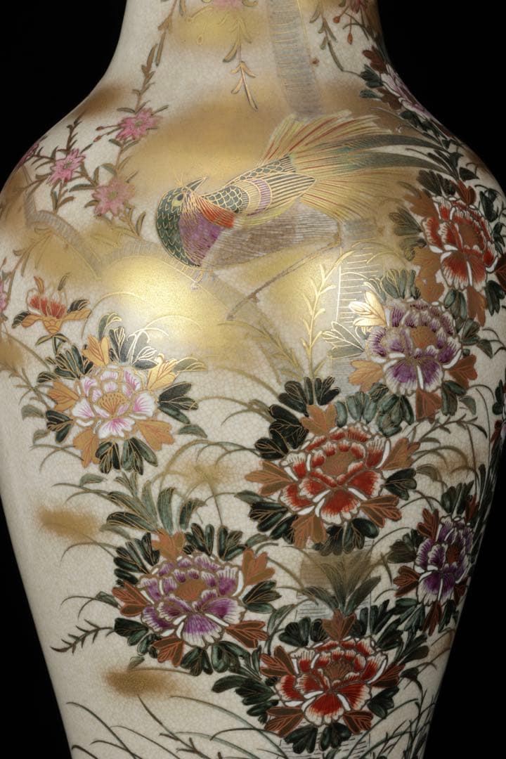 【豪華絢爛】薩摩焼 光山造 色絵金彩花鳥文飾壺 特大花瓶 高さ63.5㎝ 古美術