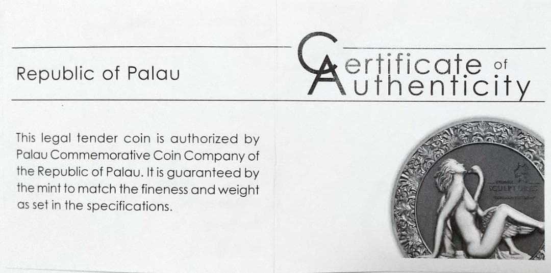 2019年 パラオ レダと白鳥 10ドル 2オンス 銀貨 PF70 UC