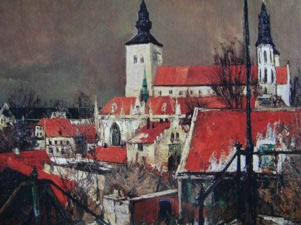 浮田　克躬、バルト海と赤い屋根、希少な額装用画集より、新品高級額装付、状態良好