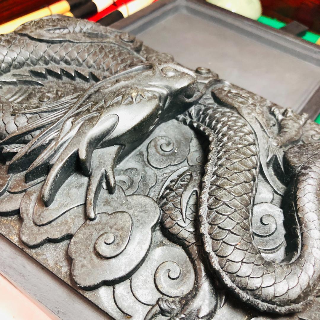 書道セット　硯　竜　彫刻　骨董品　古美術　特大サイズ7.3㎏　未使用品　筆墨函