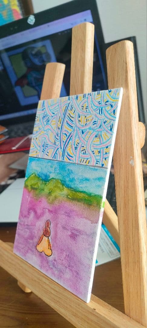 ドローイング瞑想少女#5ハガキサイズ アクリル画 幾何学模様と風景