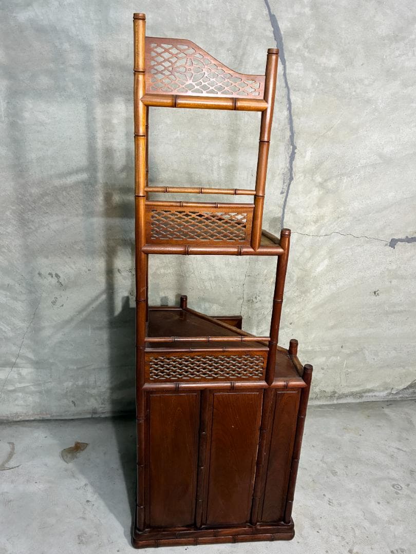 【極美品】高級唐木家具 欅（ケヤキ）コーナーラック 竹節彫り 透かし彫り 飾り棚