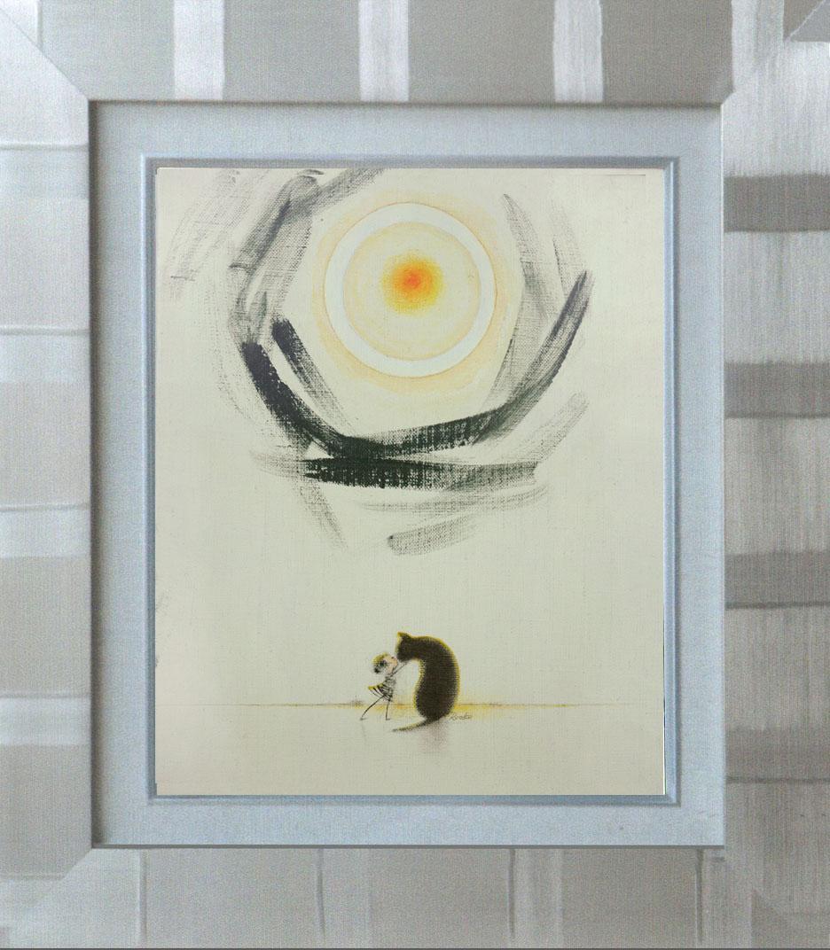 油絵 菅家令子 絵 絵画インテリア額付(黒) F3-092018 子犬猫と女の子