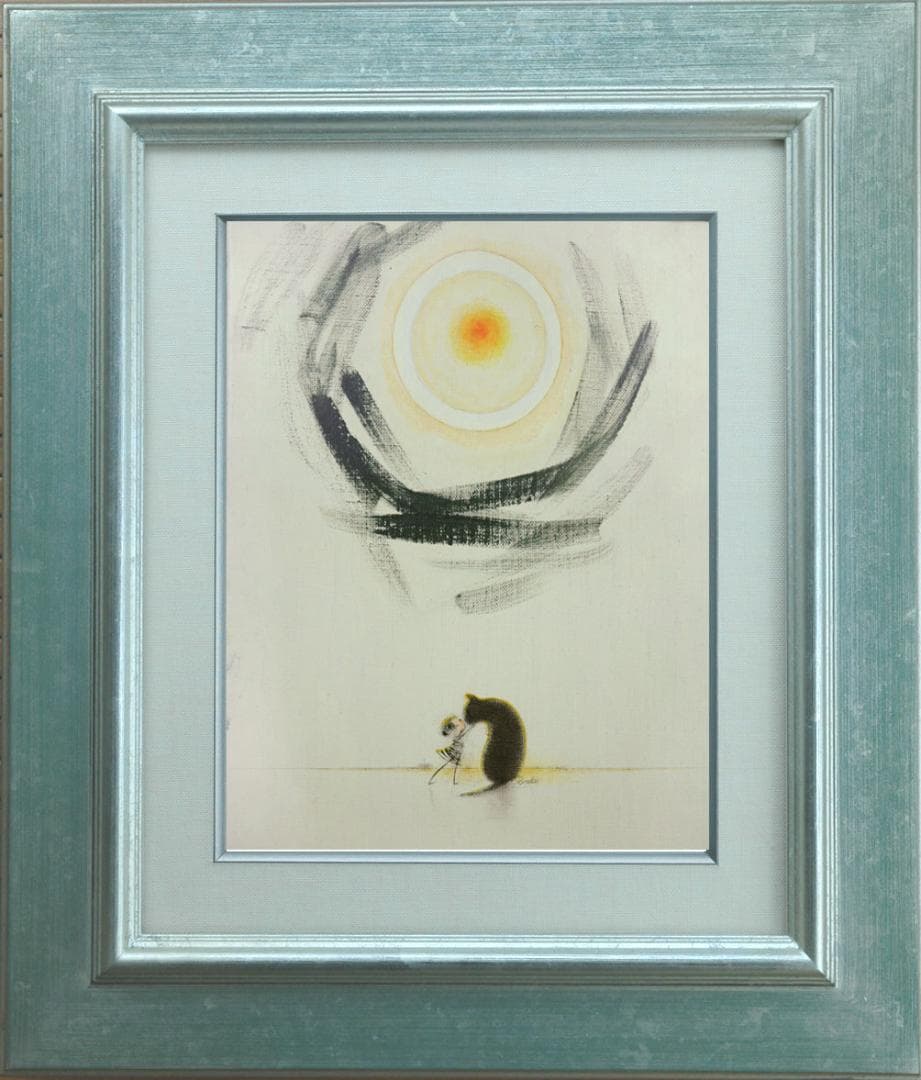 油絵 菅家令子 絵 絵画インテリア額付(黒) F3-092018 子犬猫と女の子