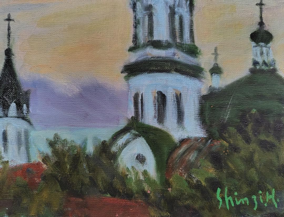 油彩画「塔 」函館 ハリストス正教会 F4 油絵 風景画 アート 絵画