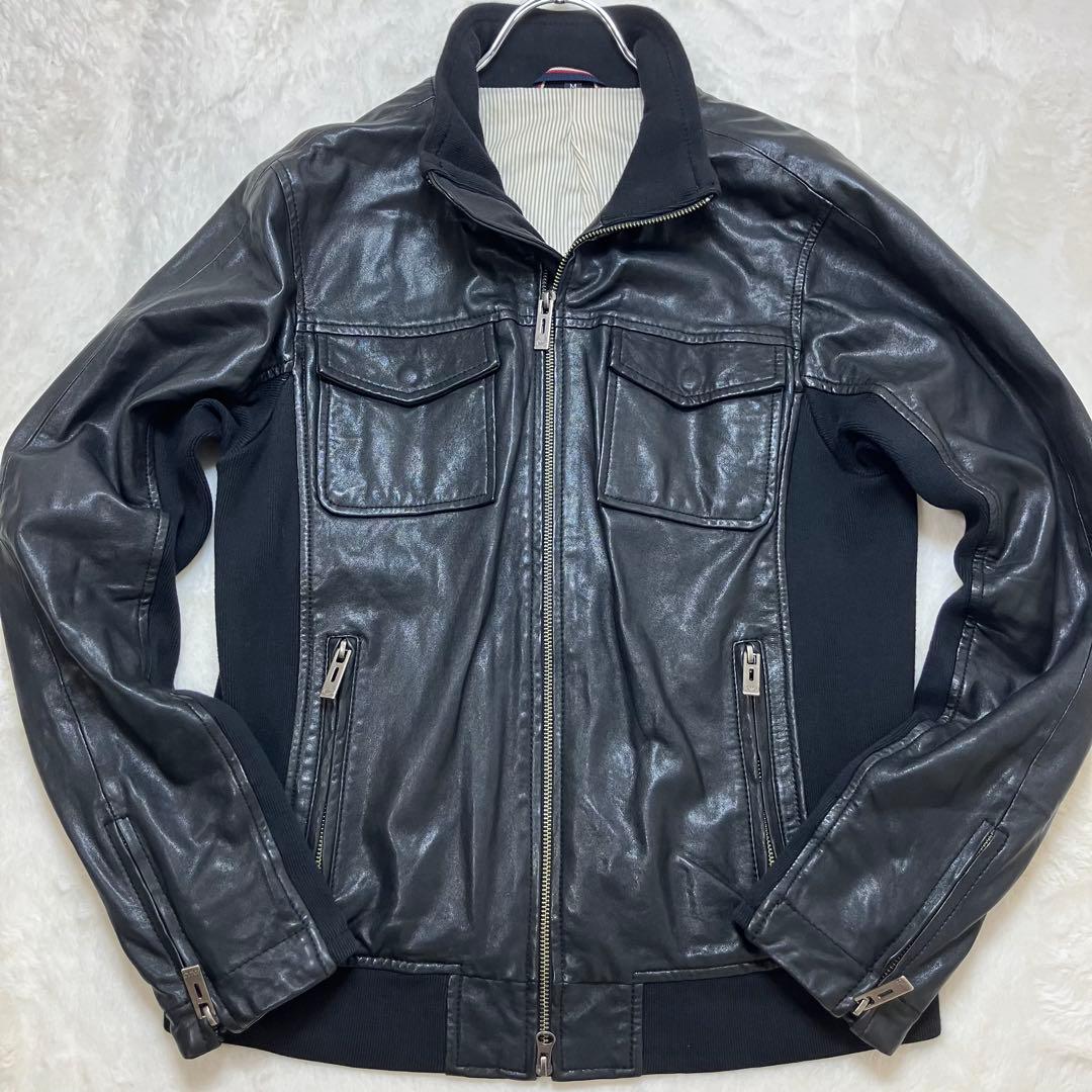 美品 アルマーニジーンズ ニット切替 羊革 ラム レザージャケット ライダース