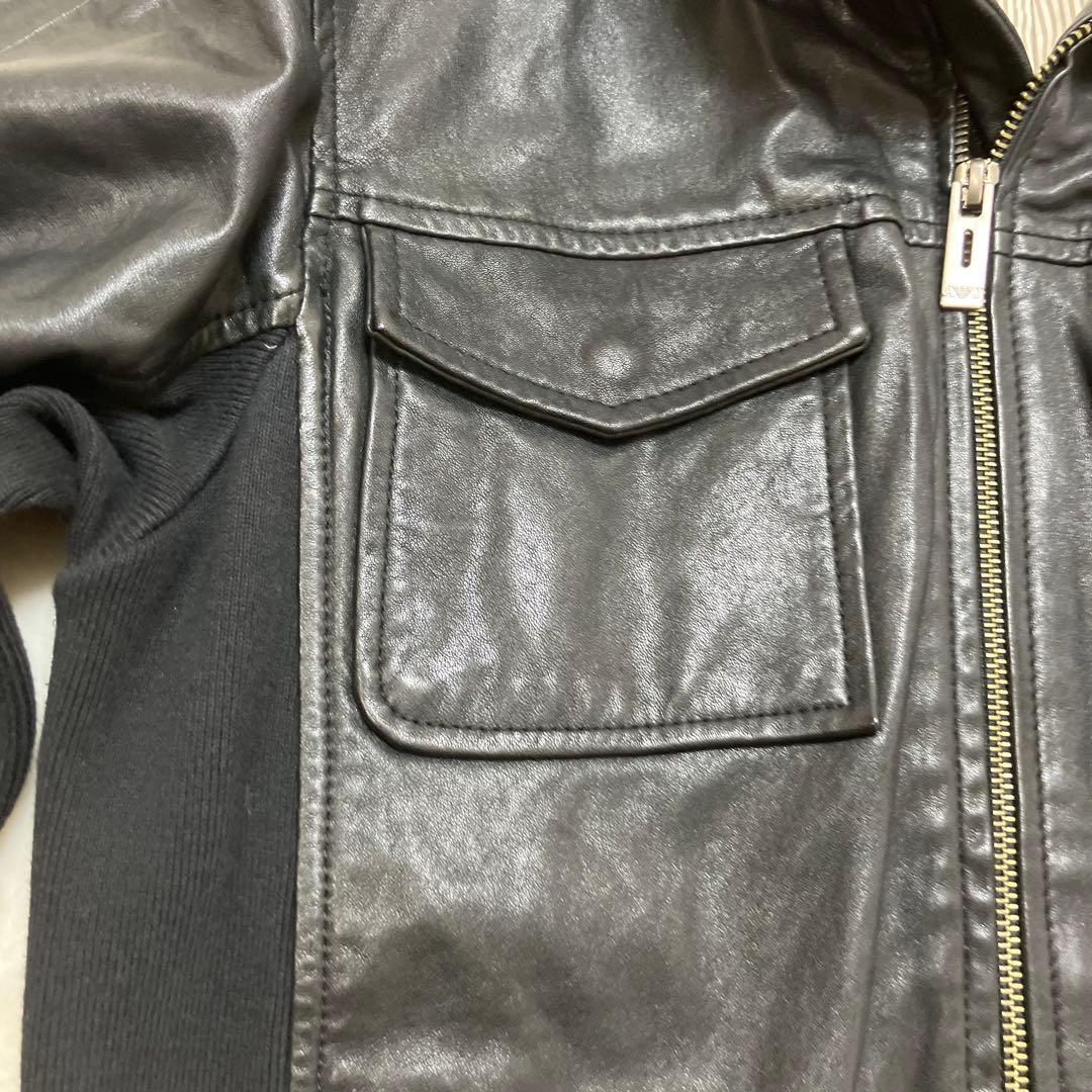 美品 アルマーニジーンズ ニット切替 羊革 ラム レザージャケット ライダース