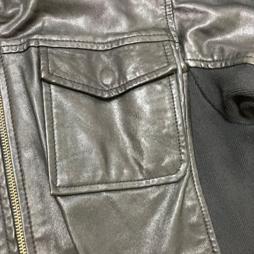 美品 アルマーニジーンズ ニット切替 羊革 ラム レザージャケット ライダース