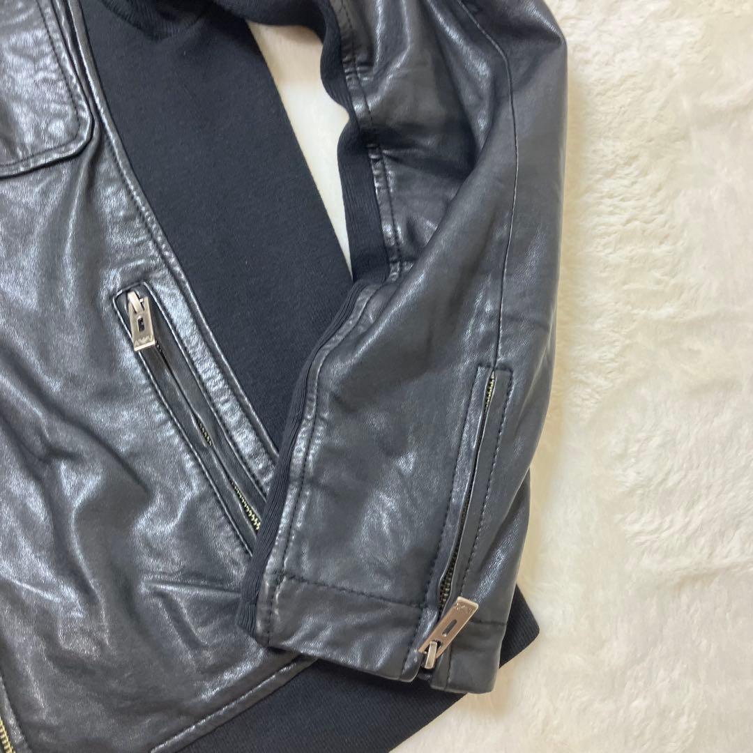 美品 アルマーニジーンズ ニット切替 羊革 ラム レザージャケット ライダース