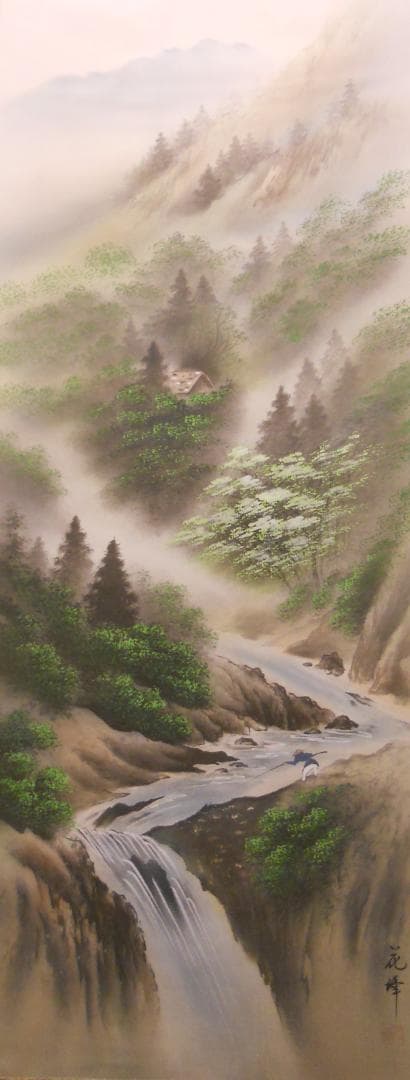 掛け軸 花峰 彩色山水 絹本 希少 軸装 茶道具 掛軸 美品 です。