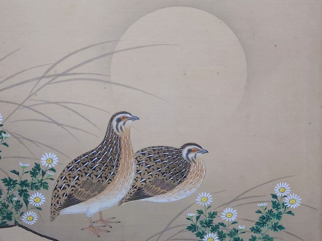 大値下げ◆中秋の名月双鶉◆日本画家【猪巻清明 画伯】作品 : 肉筆真筆本物保証品