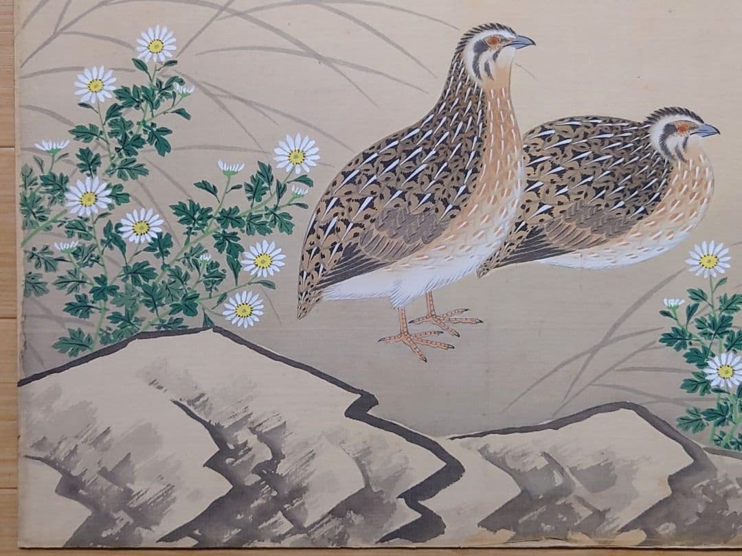 大値下げ◆中秋の名月双鶉◆日本画家【猪巻清明 画伯】作品 : 肉筆真筆本物保証品