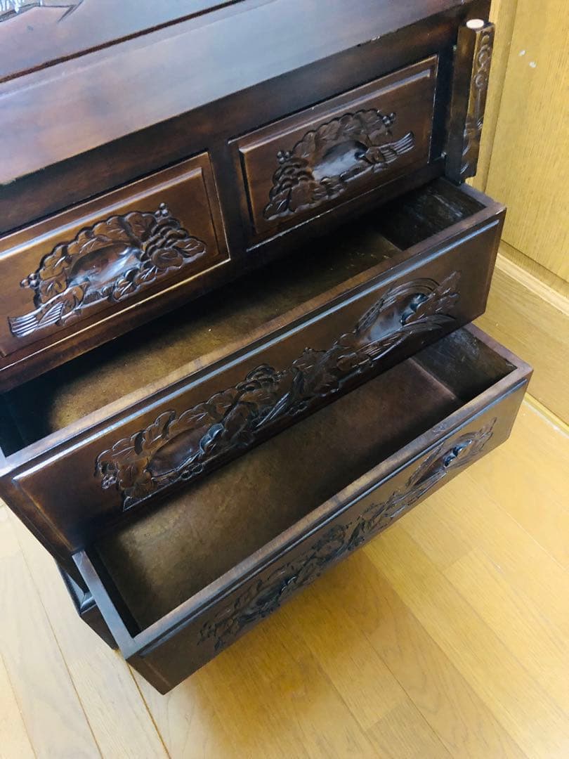 木製キャビネット ライティングビューロー　彫刻デザイン 引き出し付き