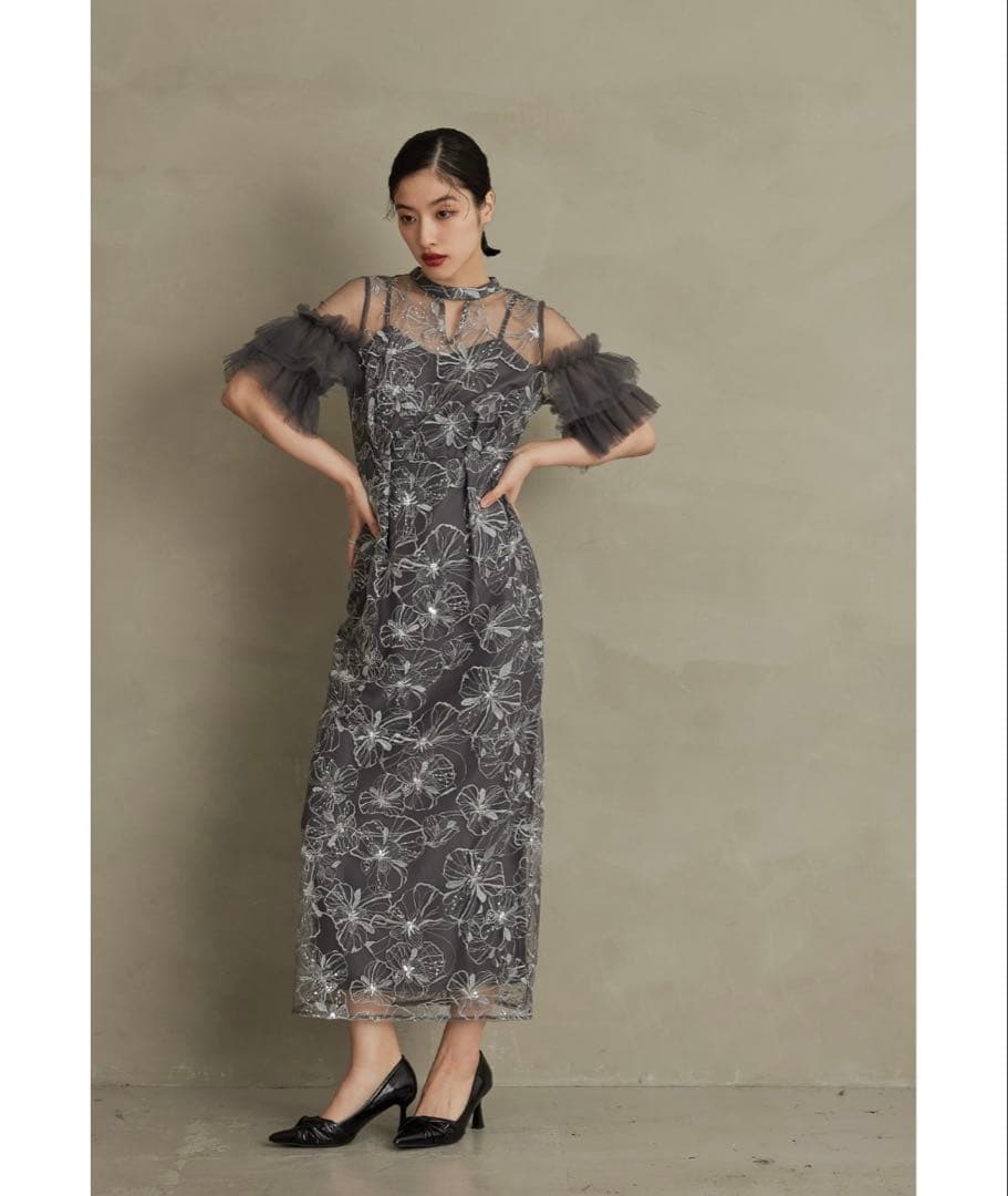 【美品】スパンコール刺繍レースドレス チャコール 二アナ niana