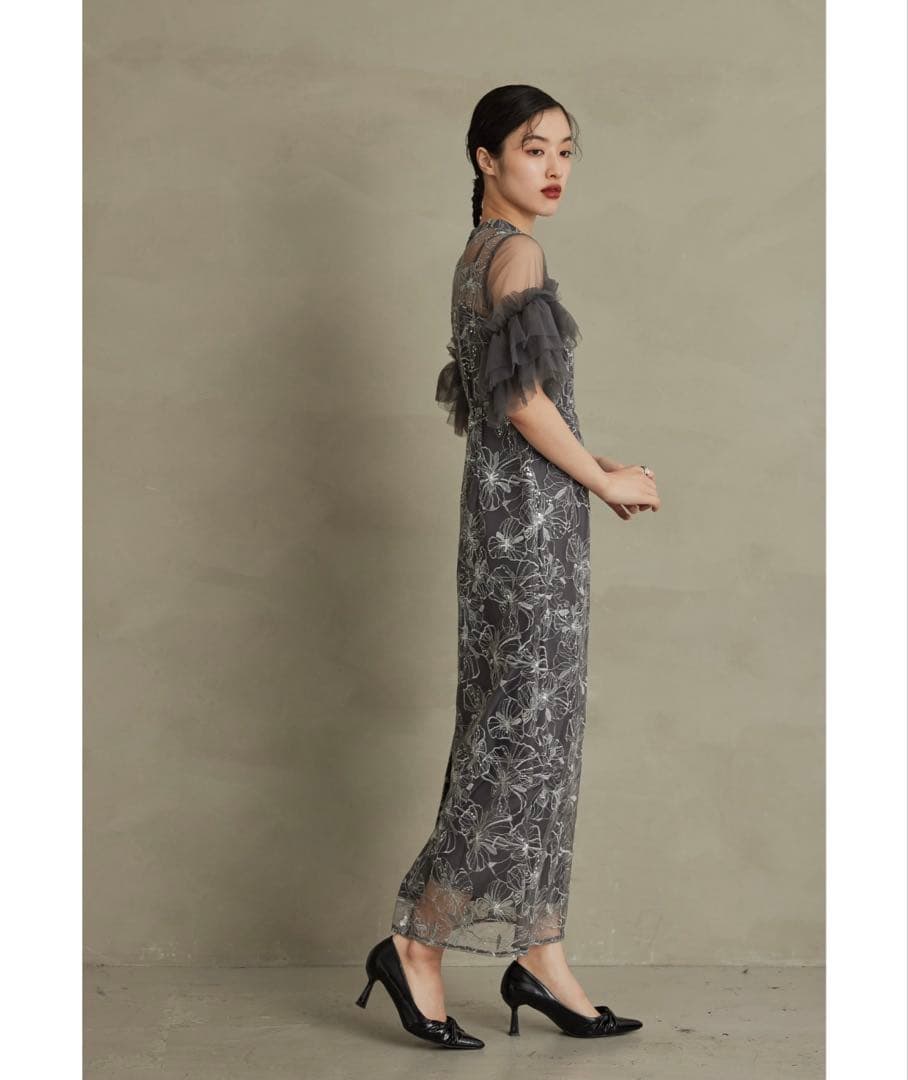 【美品】スパンコール刺繍レースドレス チャコール 二アナ niana