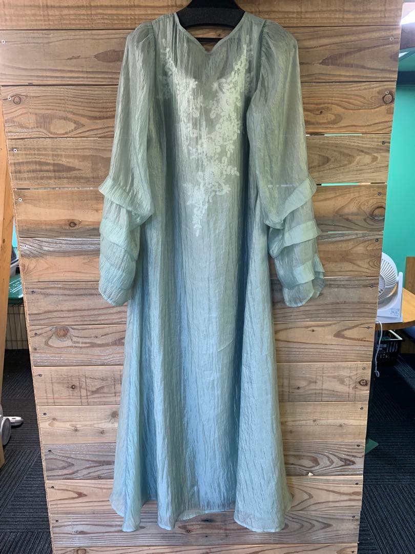 薄い緑色の花柄刺繍ドレス