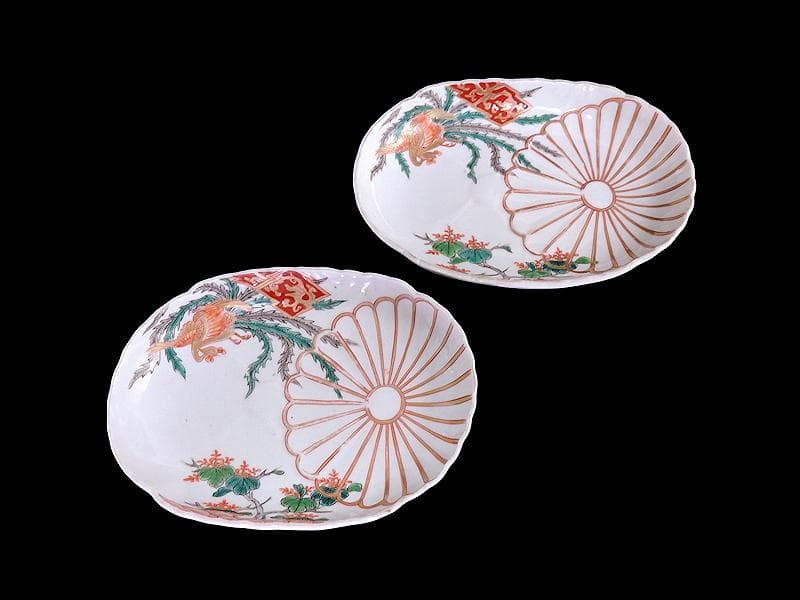 古伊万里　金襴手　陽刻　桐に鳳凰　菊の図　楕円長皿　２枚　F054AS-fbsi