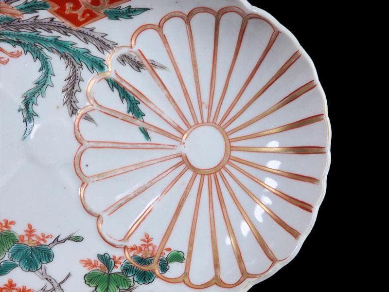 古伊万里　金襴手　陽刻　桐に鳳凰　菊の図　楕円長皿　２枚　F054AS-fbsi