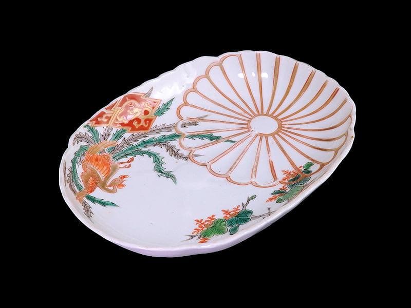 古伊万里　金襴手　陽刻　桐に鳳凰　菊の図　楕円長皿　２枚　F054AS-fbsi