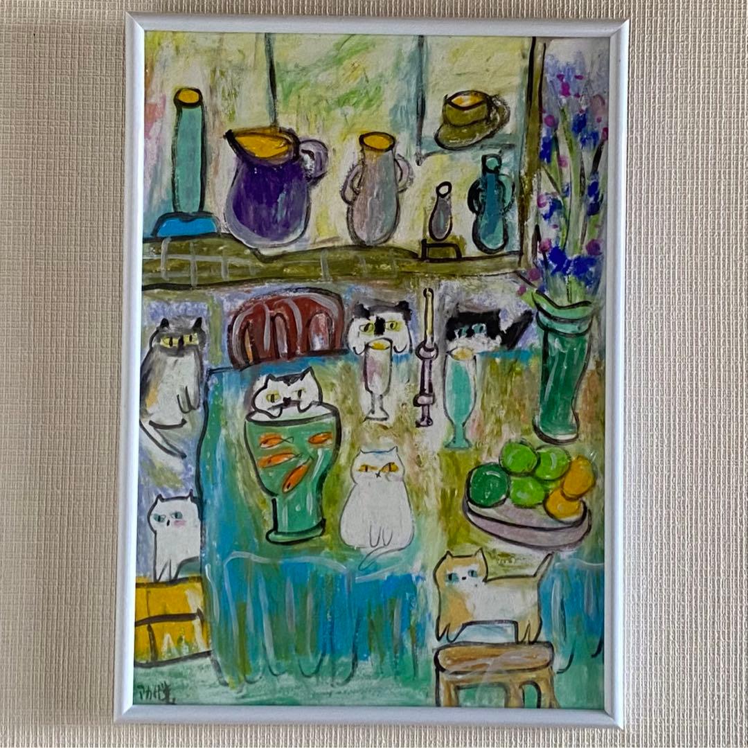 絵画 。手描き【水槽の中のきれいな金魚とかわいい猫たち】