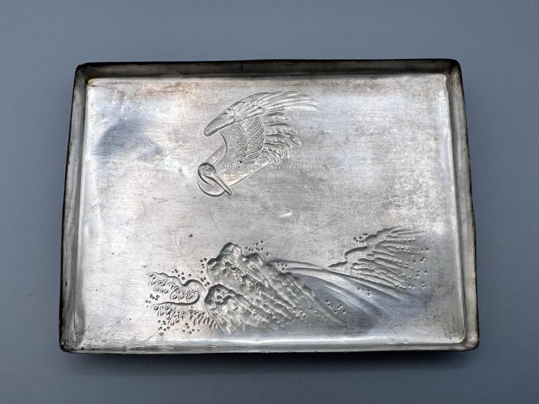 【海】銀製　秀山作　手彫　波鶴図　ケース　小箱　小物入れ　蓋のみ　約117g