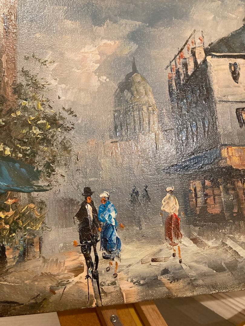 油彩画 街の風景 木製フレーム付きパリー モンマルトルの丘 カーン フランス