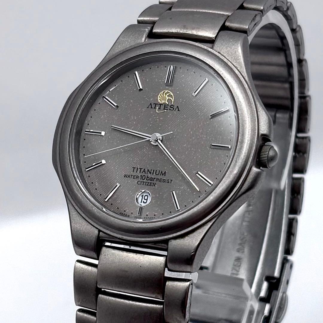 稼働品 新品電池 シチズン アテッサ デイト グレー チタン メンズ クォーツ