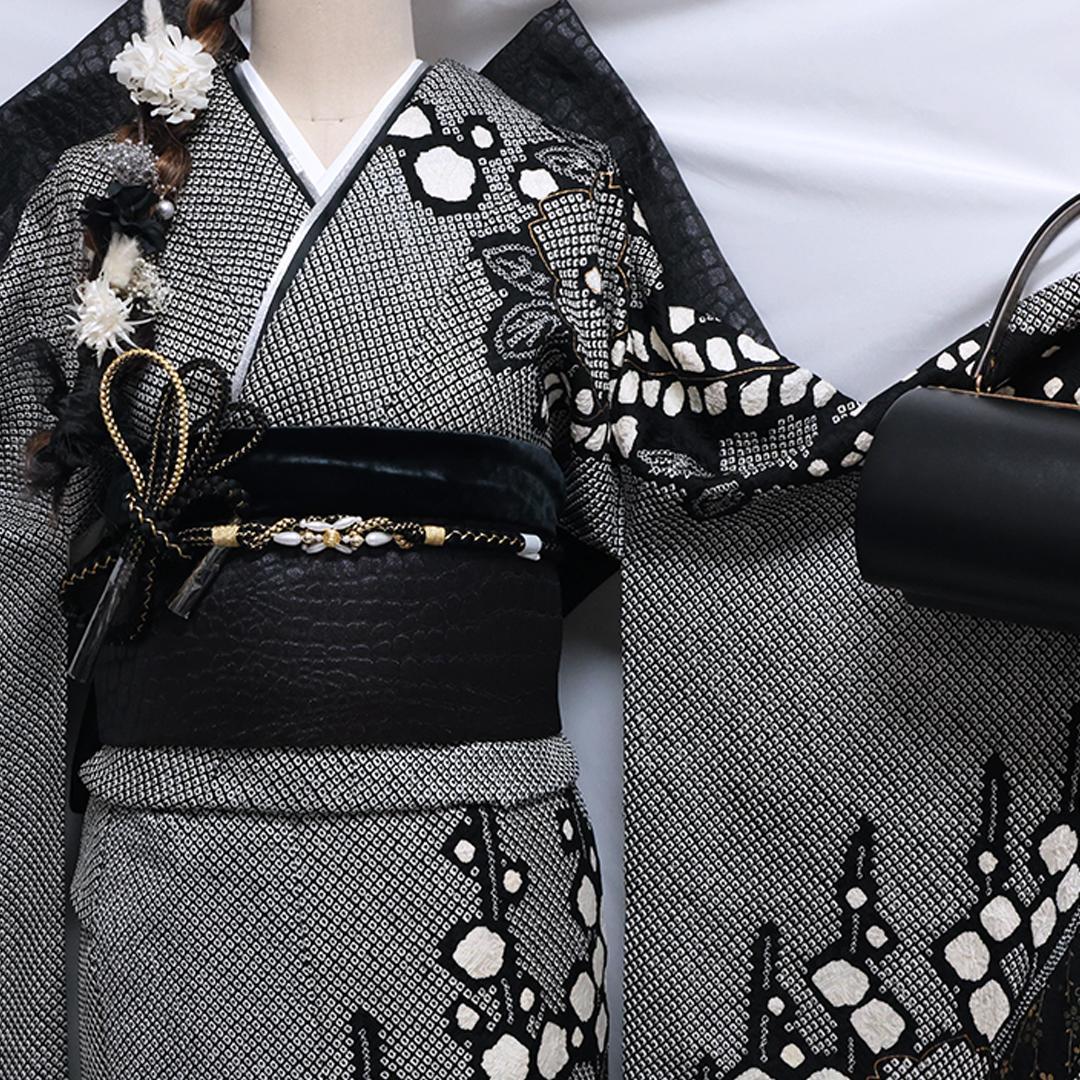 【良好】総絞り◆ 振袖セット ◆160.5cmフルセット黒成人式前撮り帯13Tq