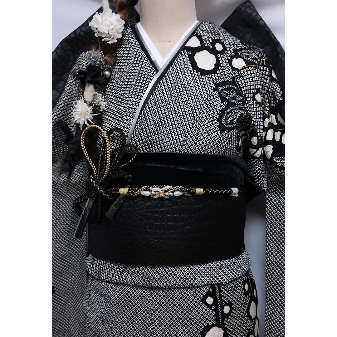 【良好】総絞り◆ 振袖セット ◆160.5cmフルセット黒成人式前撮り帯13Tq