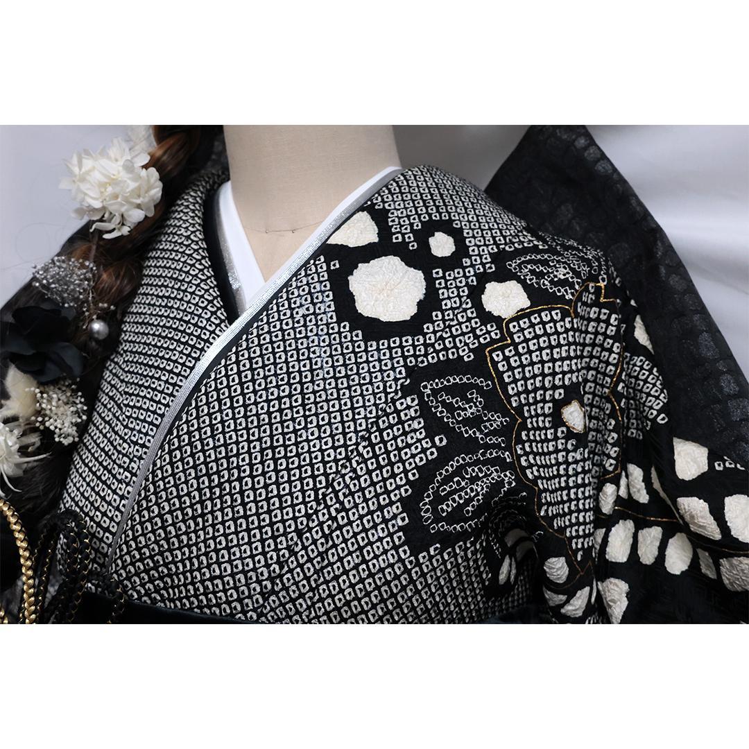 【良好】総絞り◆ 振袖セット ◆160.5cmフルセット黒成人式前撮り帯13Tq