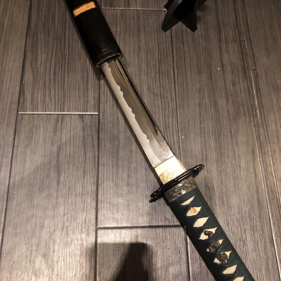 最高級模造刀　高級居合刀　樋入り刀身　青緑拵え　亜合金刀身　名刀