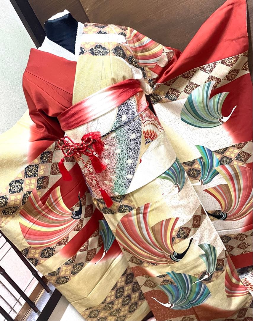 振袖フルセット6点サイズM〜Ｌ飛鶴菱花文　暈し染め　金銀彩　正絹