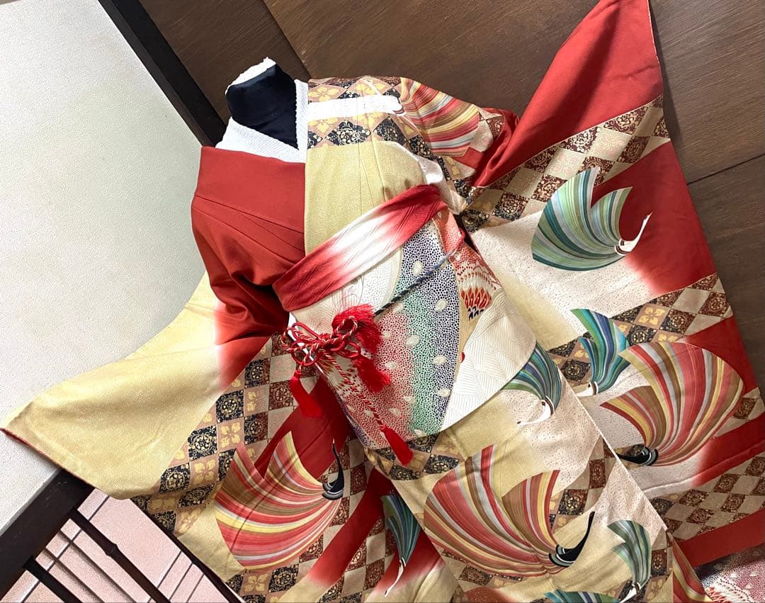 振袖フルセット6点サイズM〜Ｌ飛鶴菱花文　暈し染め　金銀彩　正絹