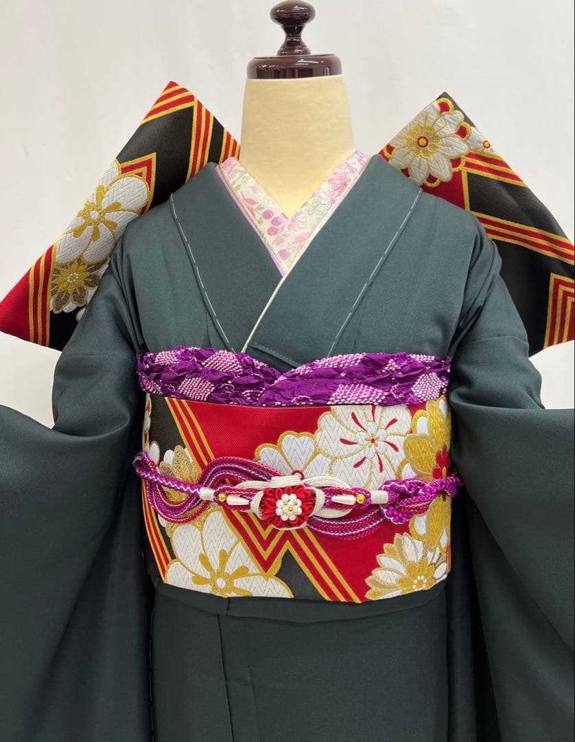 振り袖　フルセット　 玄才　金彩　しつけ付　成人式　深緑　全通長尺袋帯　590