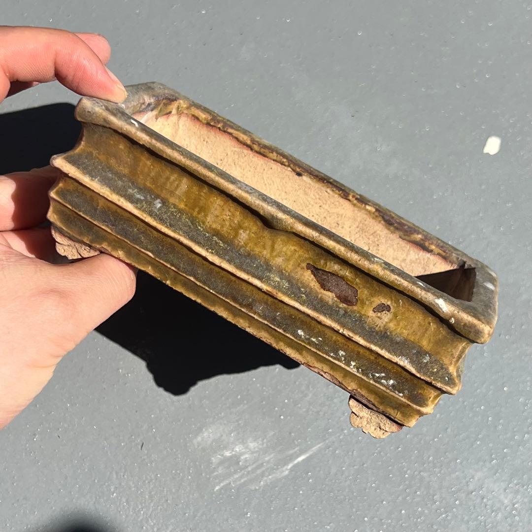 732.日本古鉢 飴釉長方 盆栽鉢 植木鉢 小品盆鉢13.8*7.8*5.2cm