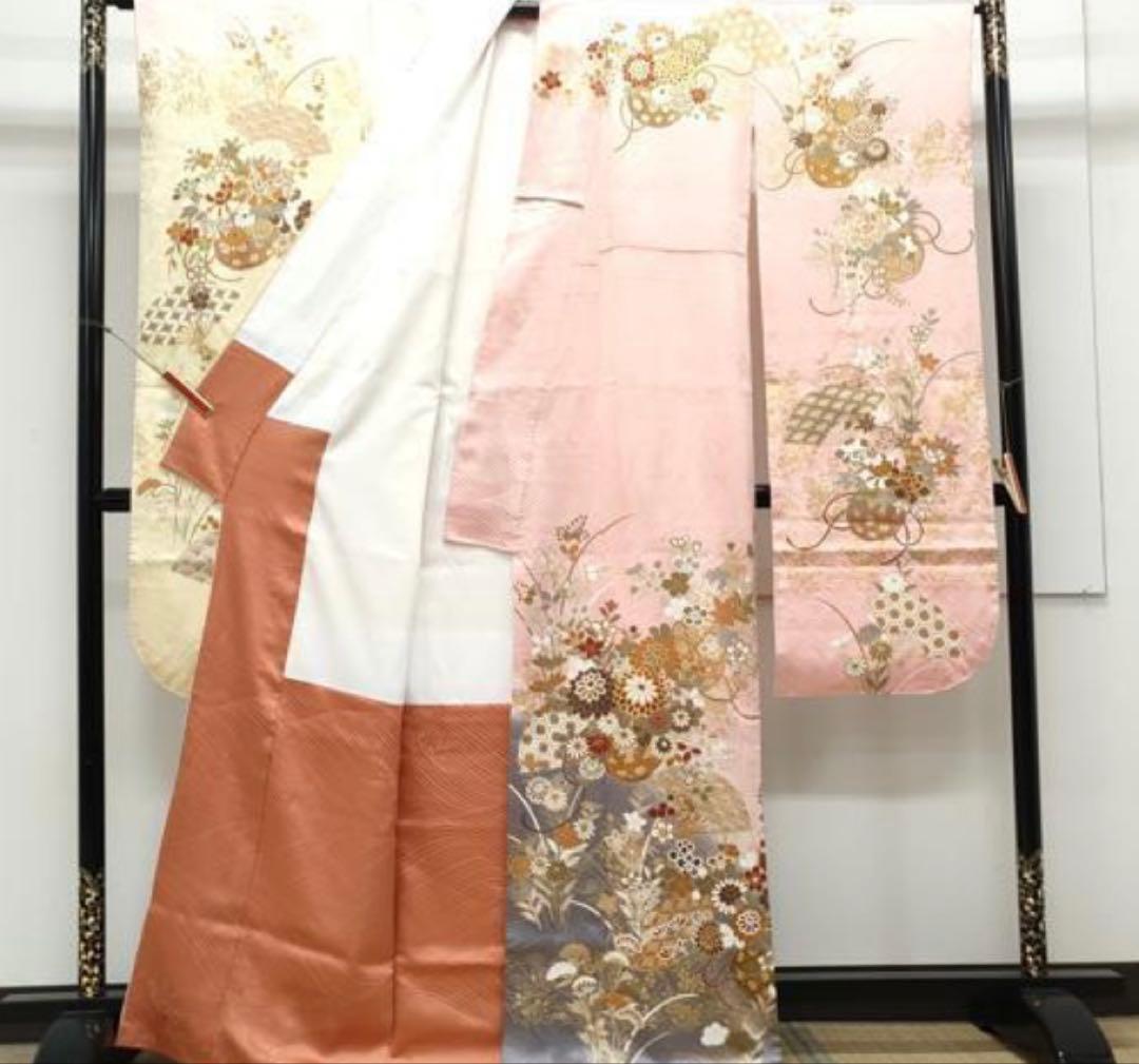 振袖フルセット6点サイズM〜Ｌ花籠文　暈し染め　金彩　正絹