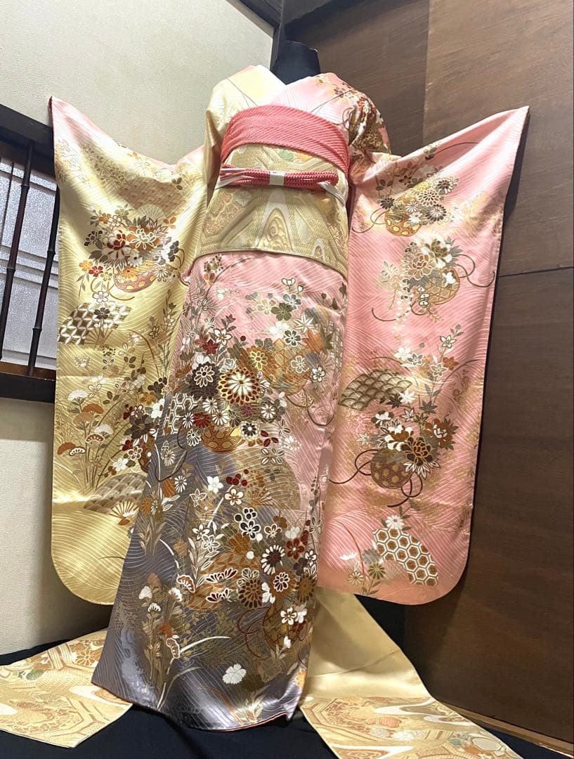 振袖フルセット6点サイズM〜Ｌ花籠文　暈し染め　金彩　正絹