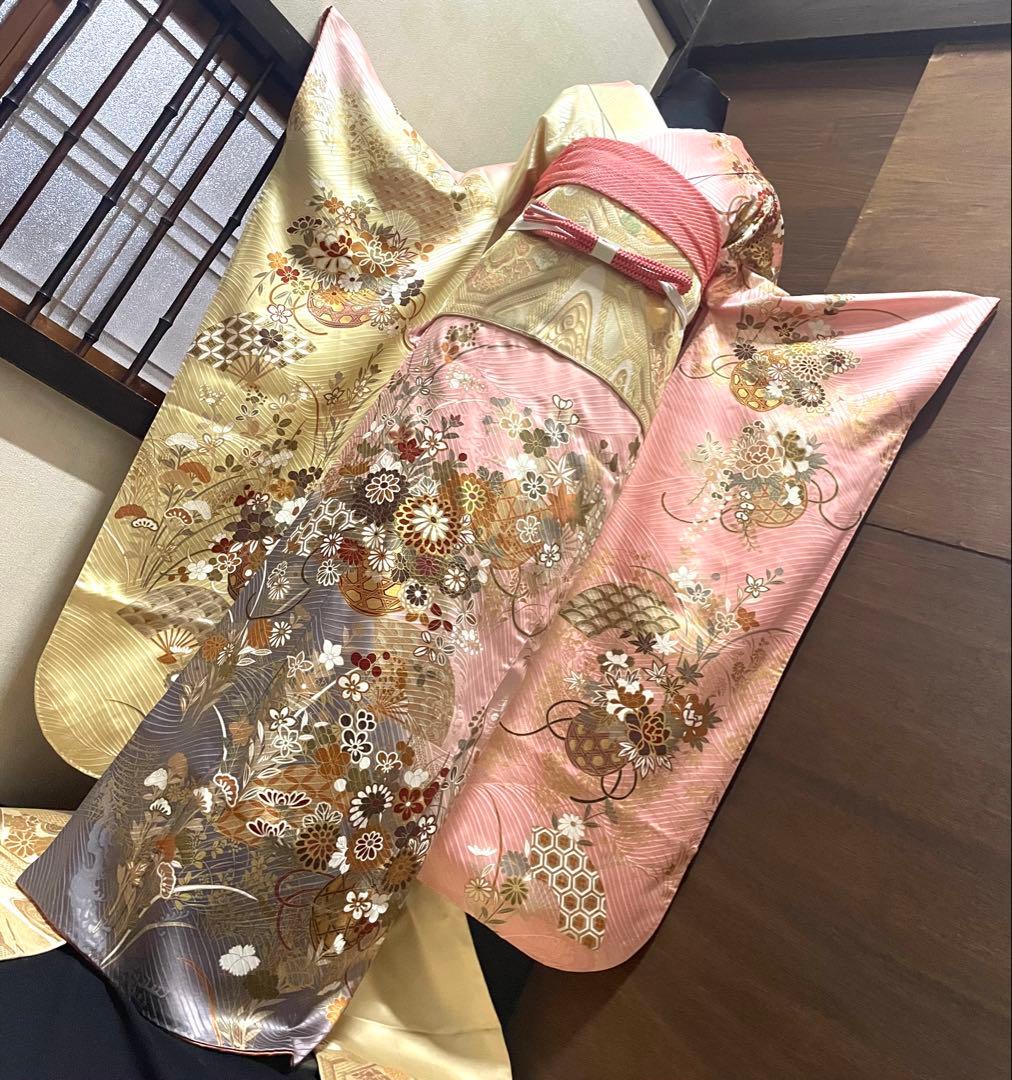 振袖フルセット6点サイズM〜Ｌ花籠文　暈し染め　金彩　正絹