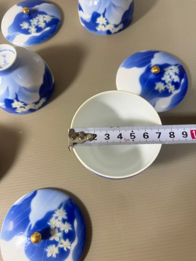 2386 深川製磁　白い花　湯呑　蓋付き　5客　未使用