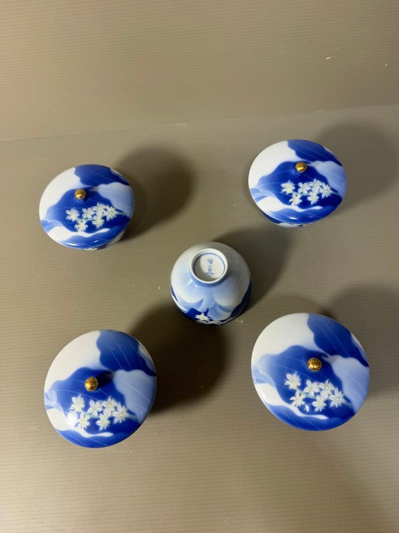 2386 深川製磁　白い花　湯呑　蓋付き　5客　未使用