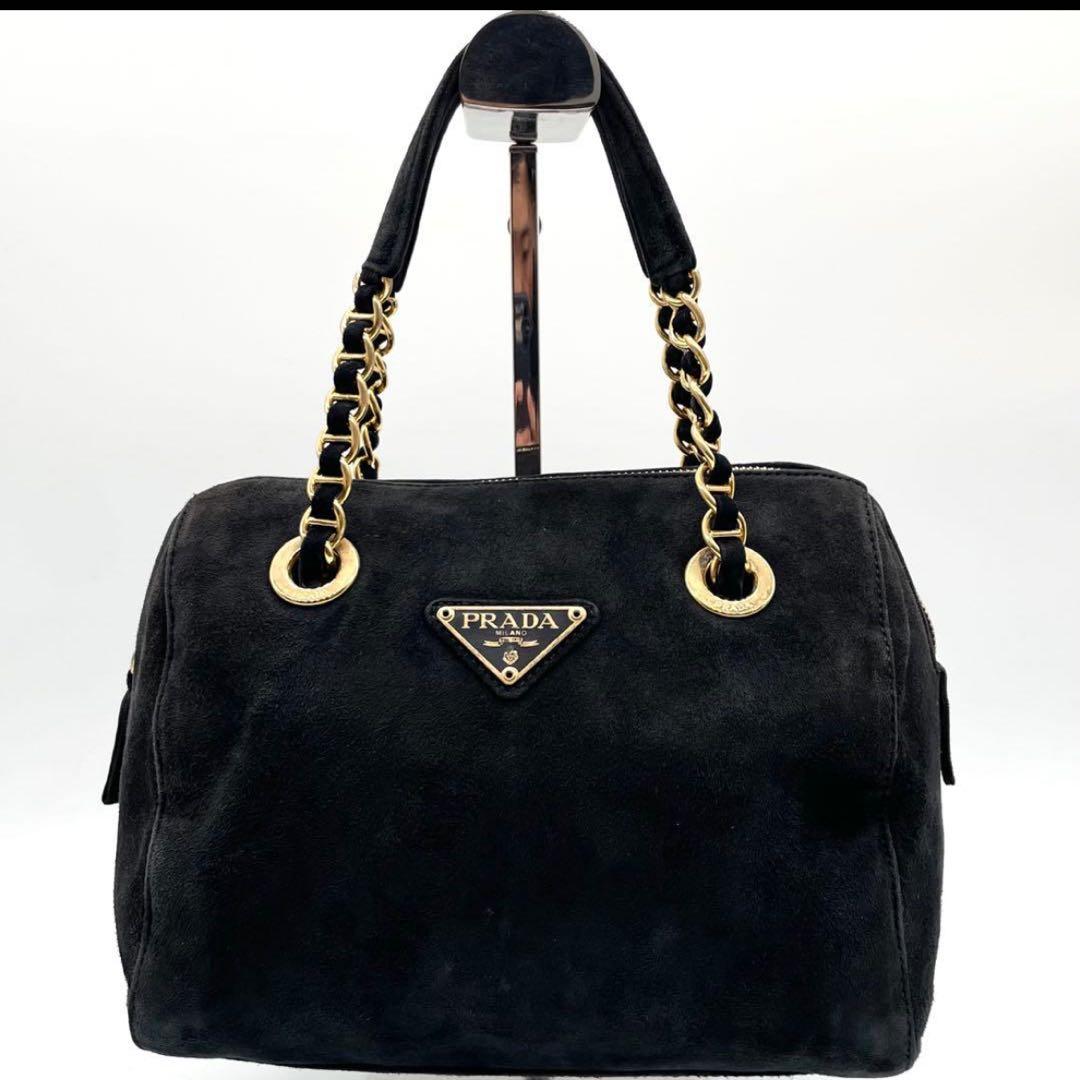美品✨プラダ ハンドバッグ チェーン スエード 三角ロゴ ゴールド金具 ブラック