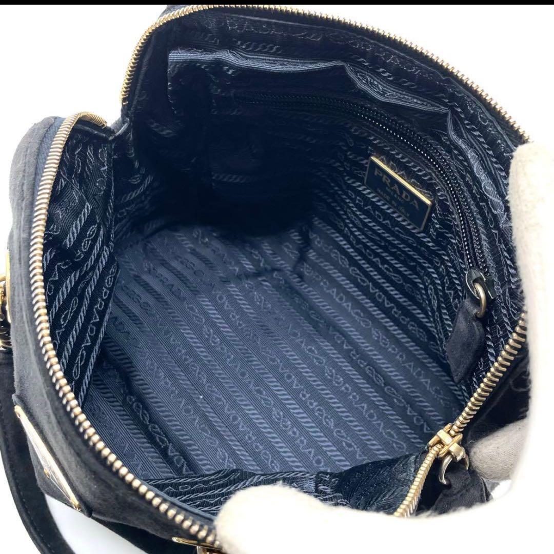 美品✨プラダ ハンドバッグ チェーン スエード 三角ロゴ ゴールド金具 ブラック