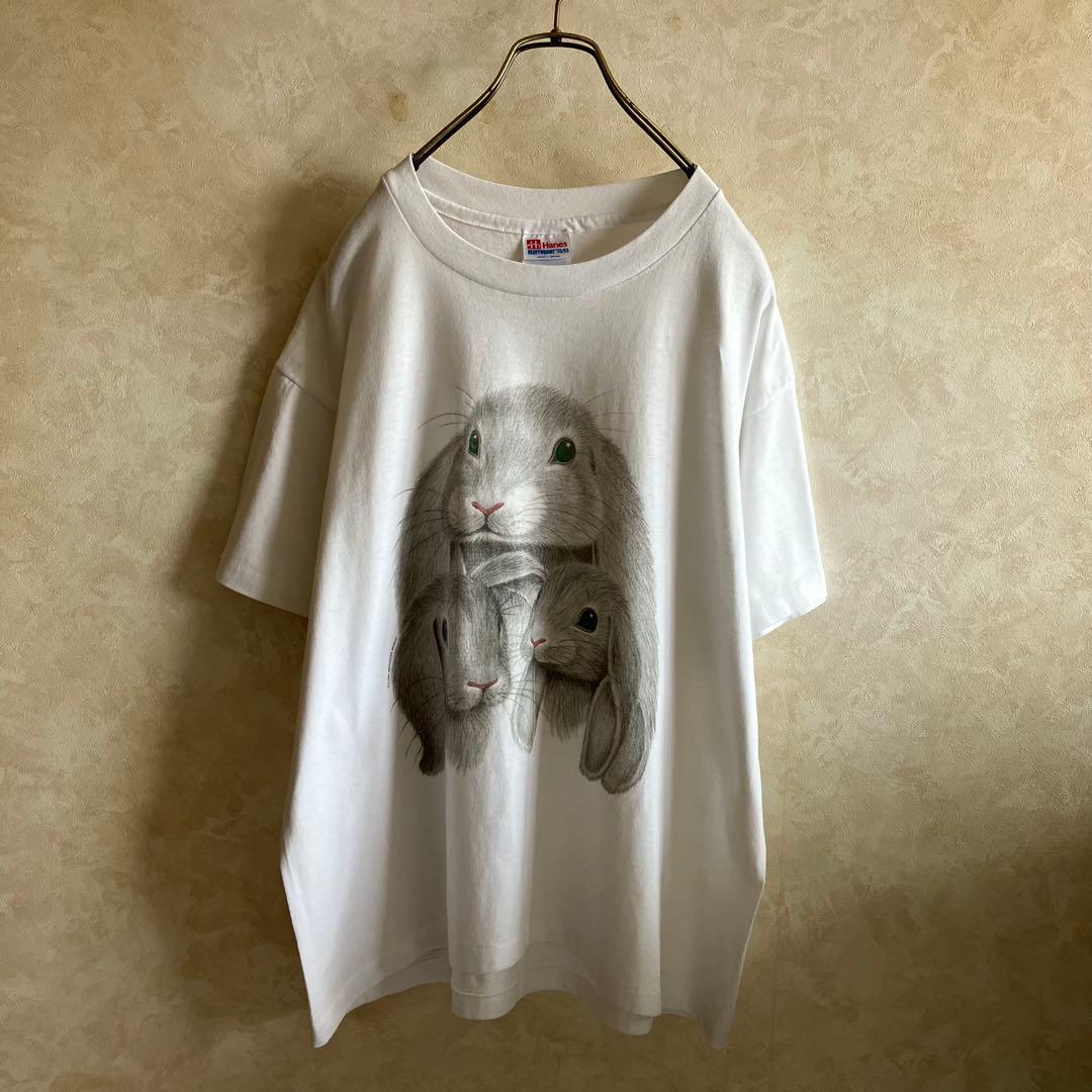 90's USA製 ヘインズ うさぎ 兎 デザインtシャツ 白 L