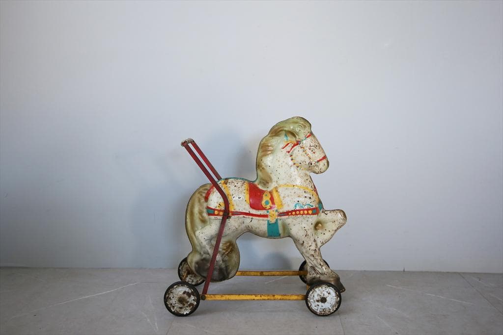 英国アンティークブリキ製ホース/鉄馬/木馬/子供用乗り物/オブジェ(92-68)