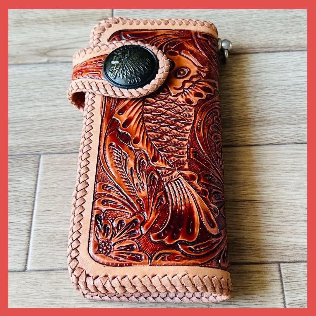 【新品】本革 牛革 カービング バイカーズウォレット ハンドメイド 長財布